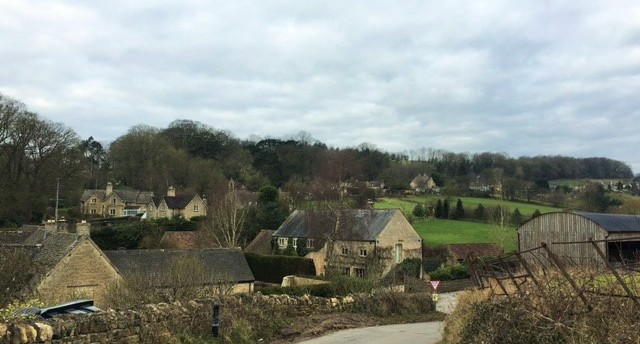 View of Cowley from the road as it enters the village, with roadside bushes, trees and cloudy skies